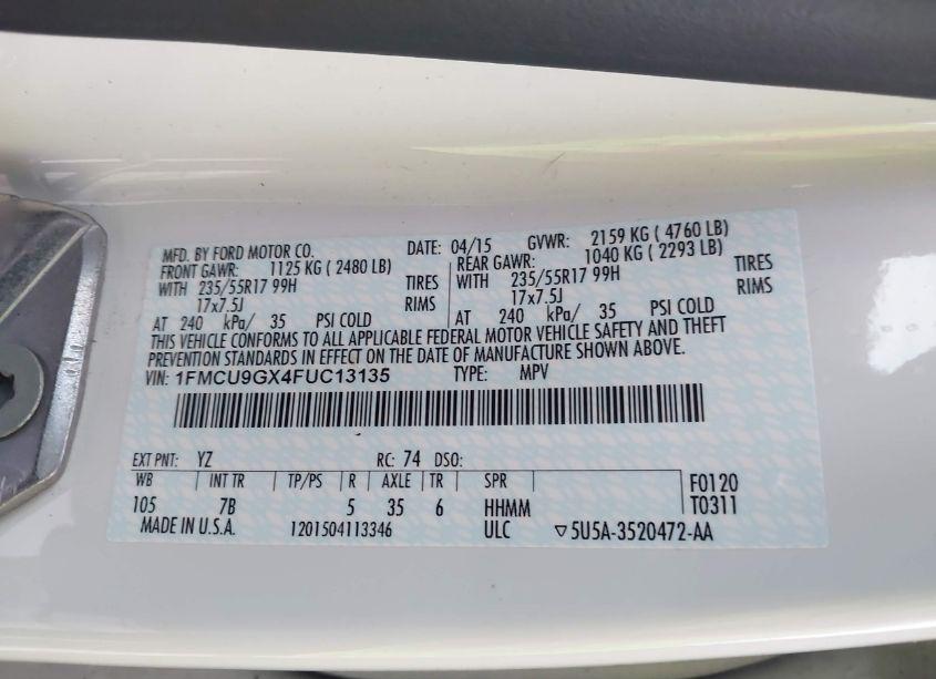 Photo 9 of 2015 Ford Escape SE (VIN 1FMCU9GX4FUC13135)