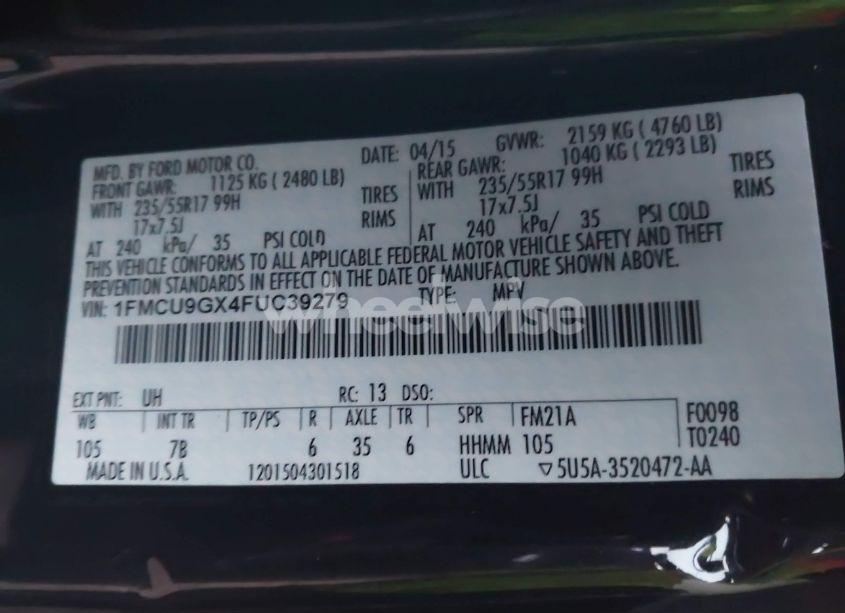 Photo 9 of 2015 Ford Escape SE (VIN 1FMCU9GX4FUC39279)