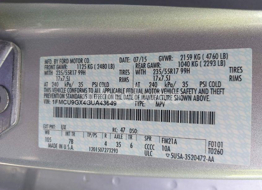 Photo 9 of 2016 Ford Escape SE (VIN 1FMCU9GX4GUA43649)