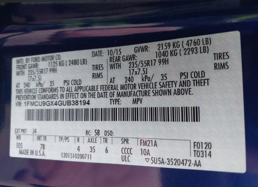 Photo 9 of 2016 Ford Escape SE (VIN 1FMCU9GX4GUB38194)