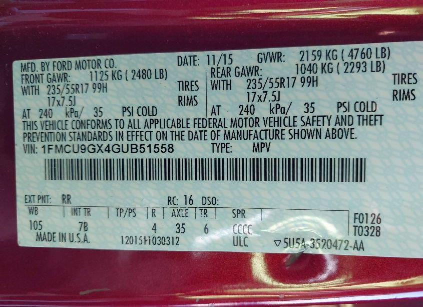 Photo 9 of 2016 Ford Escape SE (VIN 1FMCU9GX4GUB51558)