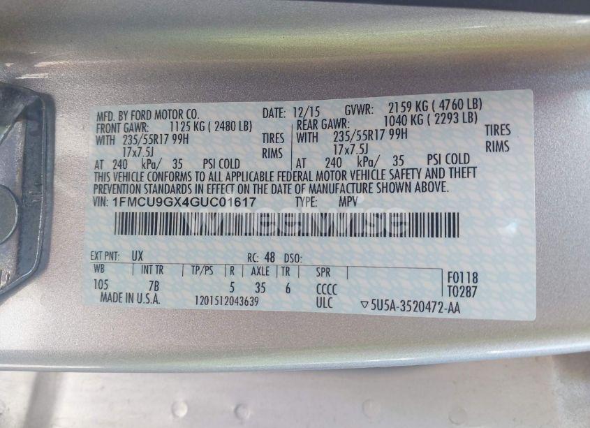 Photo 9 of 2016 Ford Escape SE (VIN 1FMCU9GX4GUC01617)