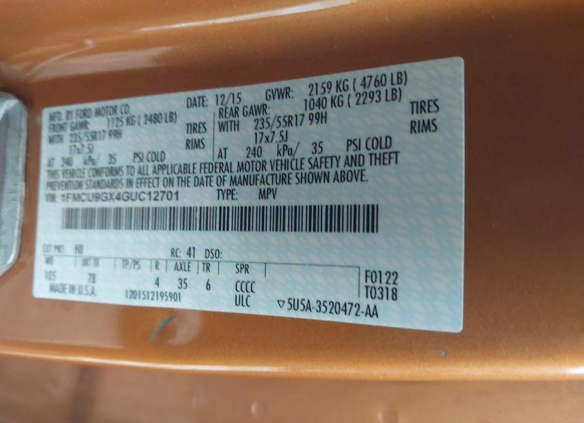 Photo 9 of 2016 Ford Escape SE (VIN 1FMCU9GX4GUC12701)