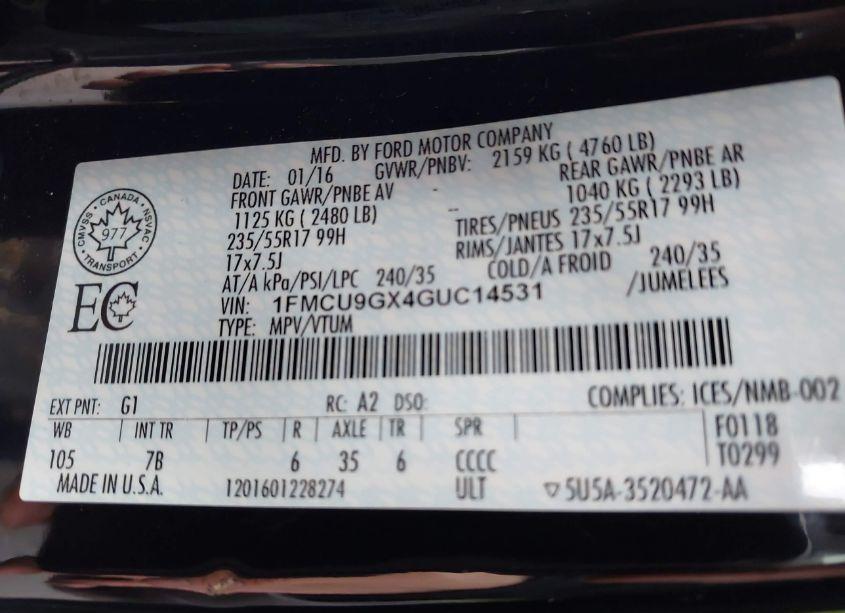 Photo 9 of 2016 Ford Escape SE (VIN 1FMCU9GX4GUC14531)