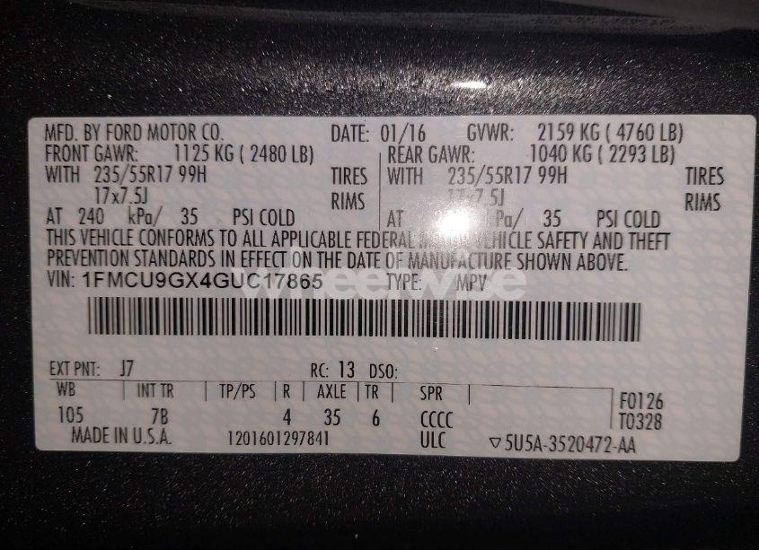 Photo 9 of 2016 Ford Escape SE (VIN 1FMCU9GX4GUC17865)