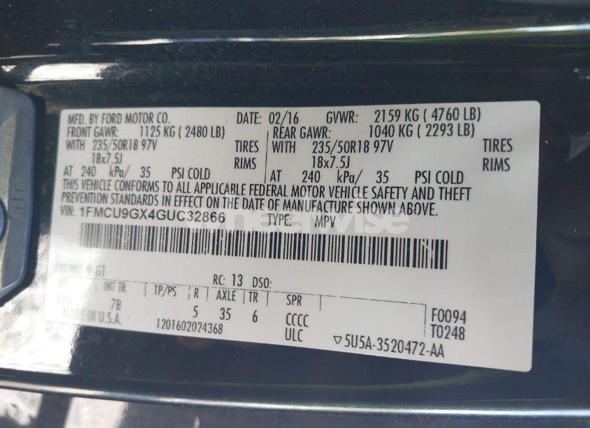 Photo 9 of 2016 Ford Escape SE (VIN 1FMCU9GX4GUC32866)