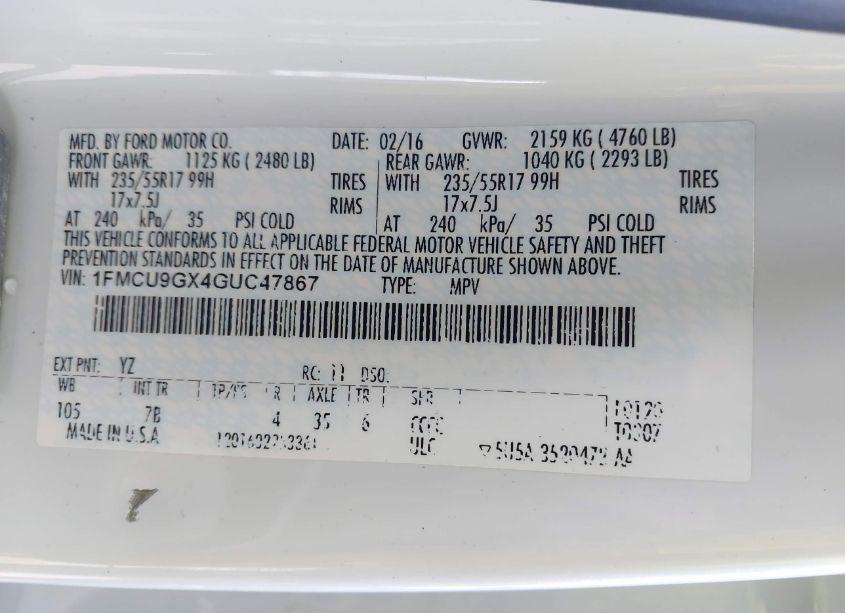 Photo 9 of 2016 Ford Escape SE (VIN 1FMCU9GX4GUC47867)