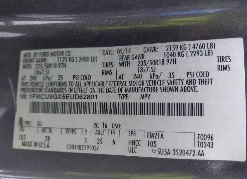 Photo 9 of 2014 Ford Escape SE (VIN 1FMCU9GX5EUD62801)