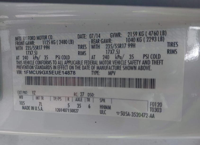 Photo 9 of 2014 Ford Escape SE (VIN 1FMCU9GX5EUE14878)