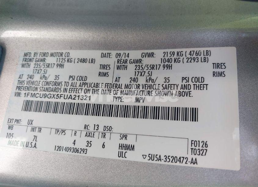 Photo 9 of 2015 Ford Escape SE (VIN 1FMCU9GX5FUA21321)