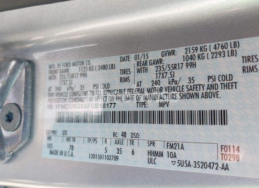 Photo 9 of 2015 Ford Escape SE (VIN 1FMCU9GX5FUB18177)