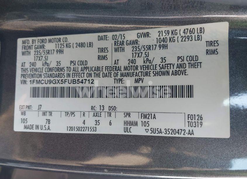 Photo 9 of 2015 Ford Escape SE (VIN 1FMCU9GX5FUB54712)