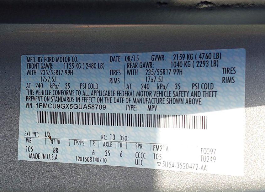 Photo 9 of 2016 Ford Escape SE (VIN 1FMCU9GX5GUA58709)