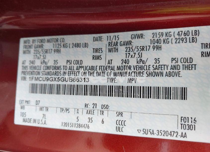 Photo 9 of 2016 Ford Escape SE (VIN 1FMCU9GX5GUB66313)