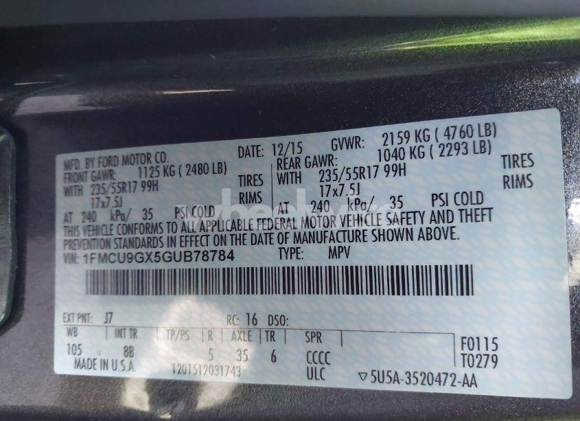 Photo 9 of 2016 Ford Escape SE (VIN 1FMCU9GX5GUB78784)