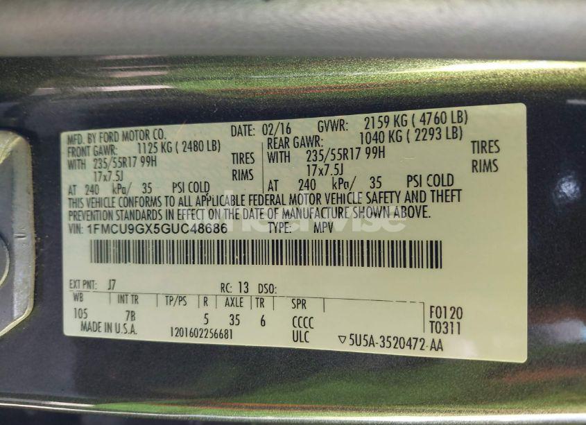 Photo 9 of 2016 Ford Escape SE (VIN 1FMCU9GX5GUC48686)