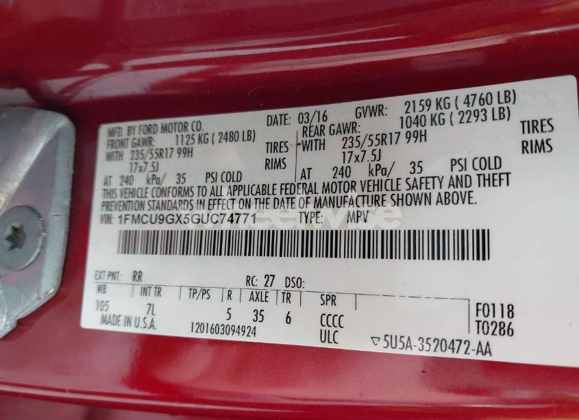 Photo 9 of 2016 Ford Escape SE (VIN 1FMCU9GX5GUC74771)