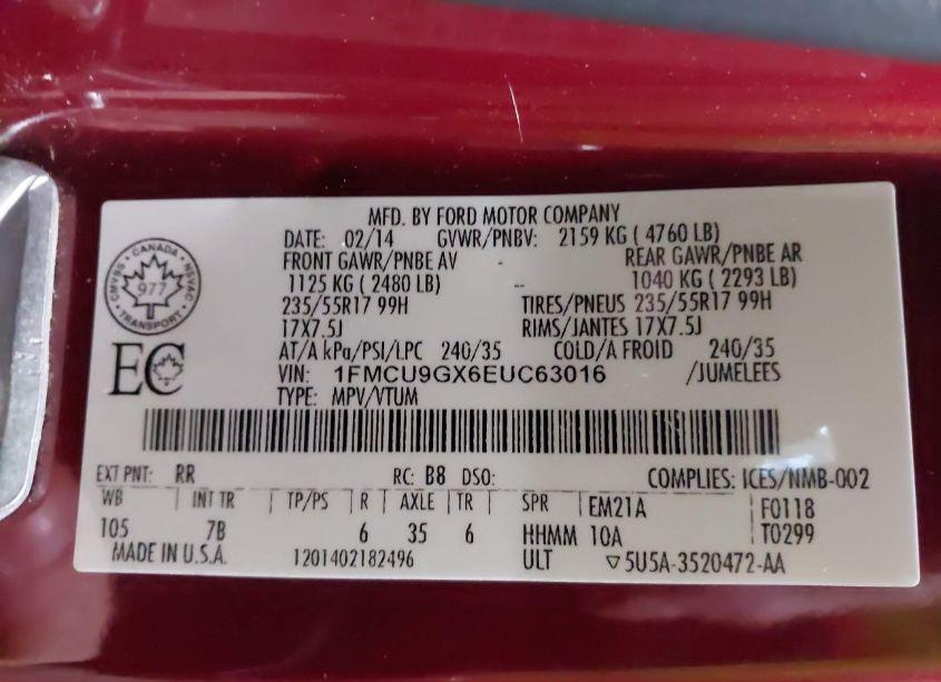 Photo 9 of 2014 Ford Escape SE (VIN 1FMCU9GX6EUC63016)