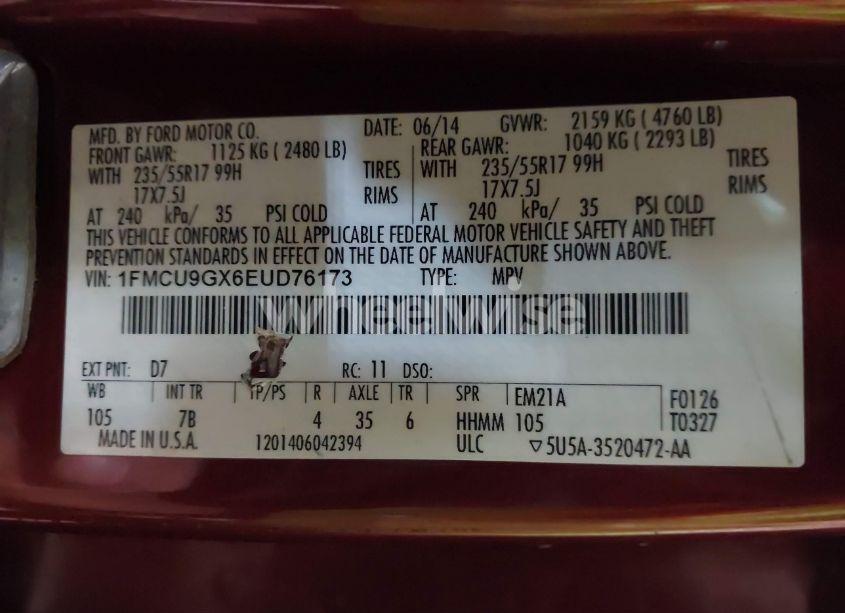 Photo 9 of 2014 Ford Escape SE (VIN 1FMCU9GX6EUD76173)