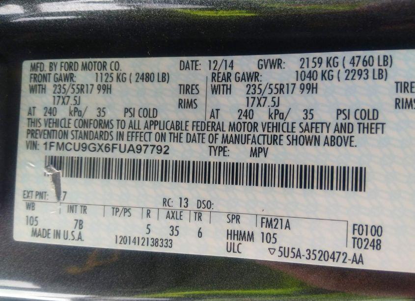 Photo 9 of 2015 Ford Escape SE (VIN 1FMCU9GX6FUA97792)