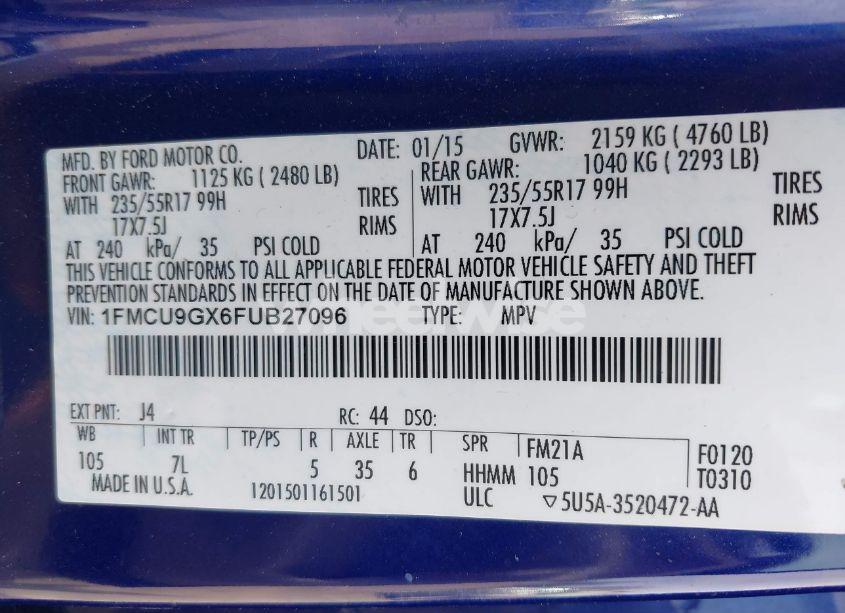 Photo 9 of 2015 Ford Escape SE (VIN 1FMCU9GX6FUB27096)