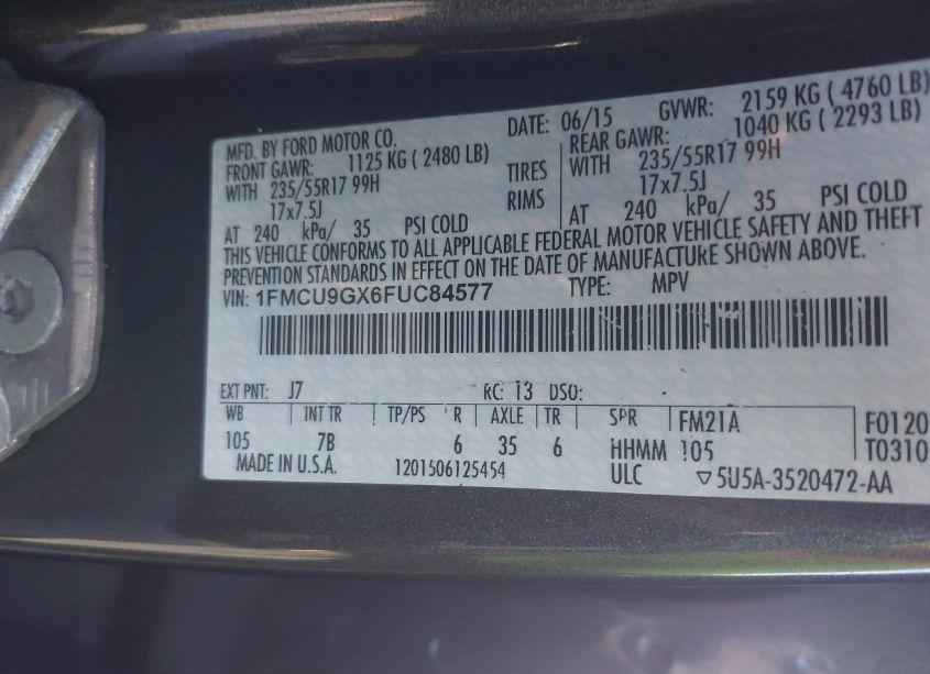 Photo 9 of 2015 Ford Escape SE (VIN 1FMCU9GX6FUC84577)