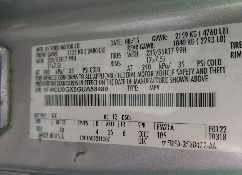 Photo 9 of 2016 Ford Escape SE (VIN 1FMCU9GX6GUA58489)