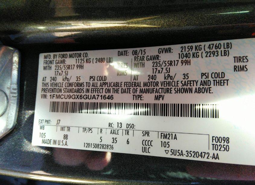 Photo 9 of 2016 Ford Escape SE (VIN 1FMCU9GX6GUA71646)