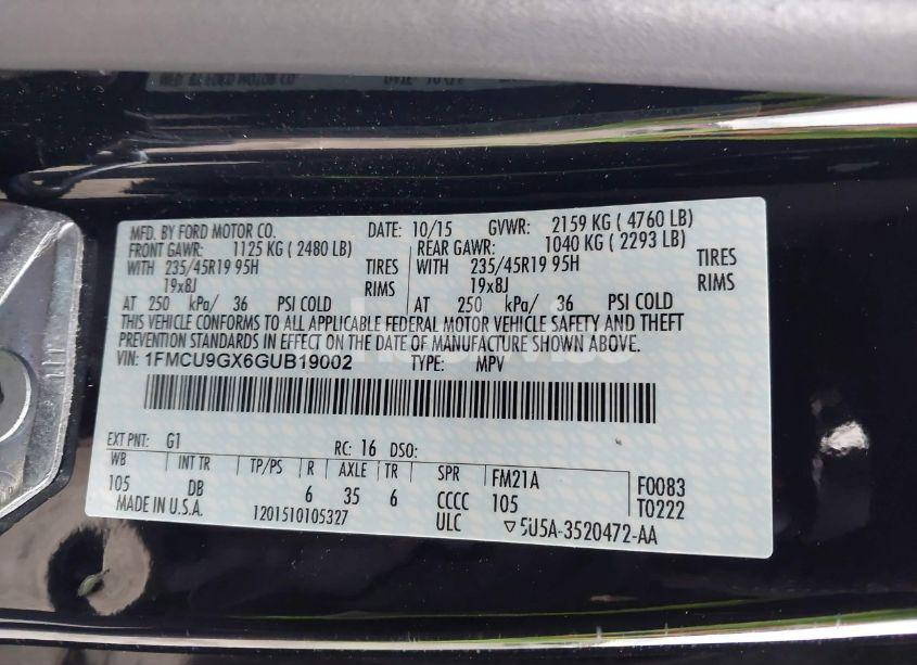 Photo 9 of 2016 Ford Escape SE (VIN 1FMCU9GX6GUB19002)