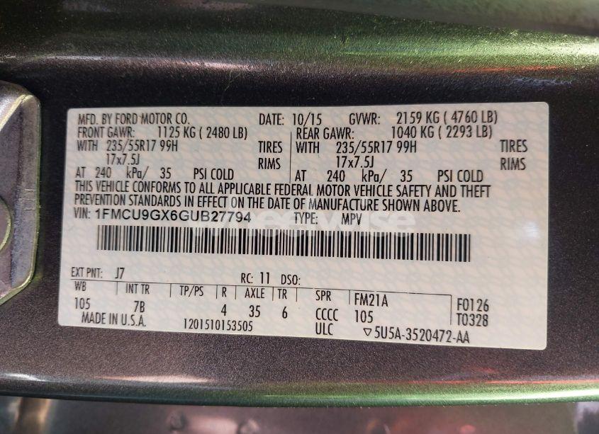 Photo 9 of 2016 Ford Escape SE (VIN 1FMCU9GX6GUB27794)