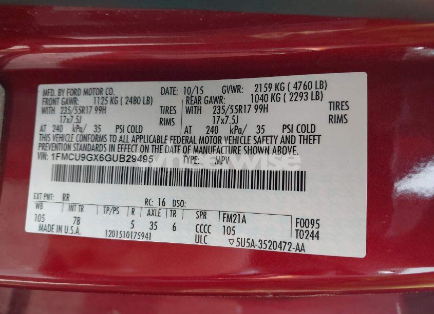 Photo 9 of 2016 Ford Escape SE (VIN 1FMCU9GX6GUB29495)