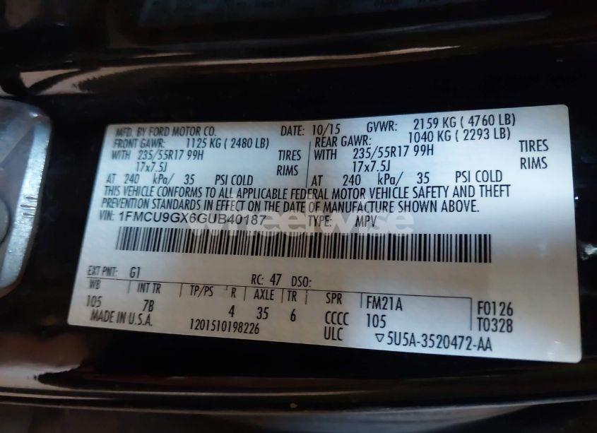 Photo 9 of 2016 Ford Escape SE (VIN 1FMCU9GX6GUB40187)