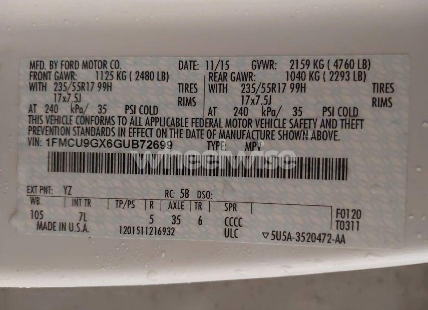 Photo 9 of 2016 Ford Escape SE (VIN 1FMCU9GX6GUB72699)