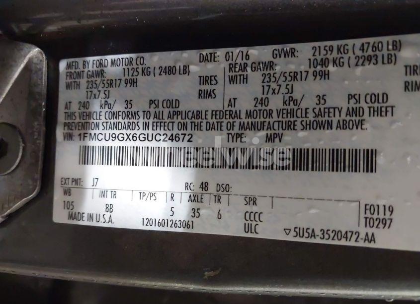 Photo 9 of 2016 Ford Escape SE (VIN 1FMCU9GX6GUC24672)