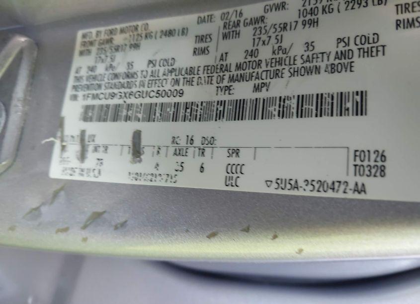 Photo 9 of 2016 Ford Escape SE (VIN 1FMCU9GX6GUC50009)