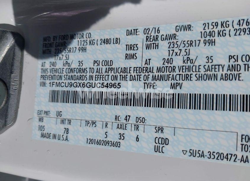 Photo 9 of 2016 Ford Escape SE (VIN 1FMCU9GX6GUC54965)