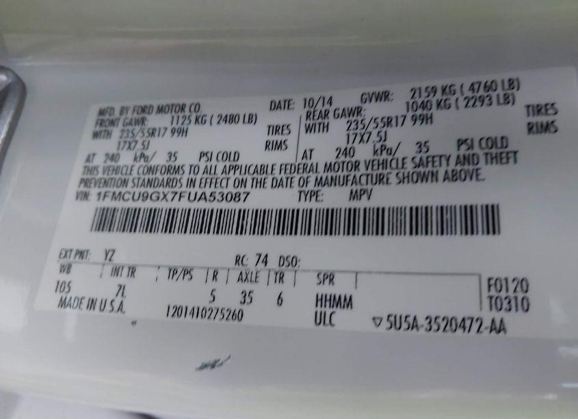 Photo 9 of 2015 Ford Escape SE (VIN 1FMCU9GX7FUA53087)