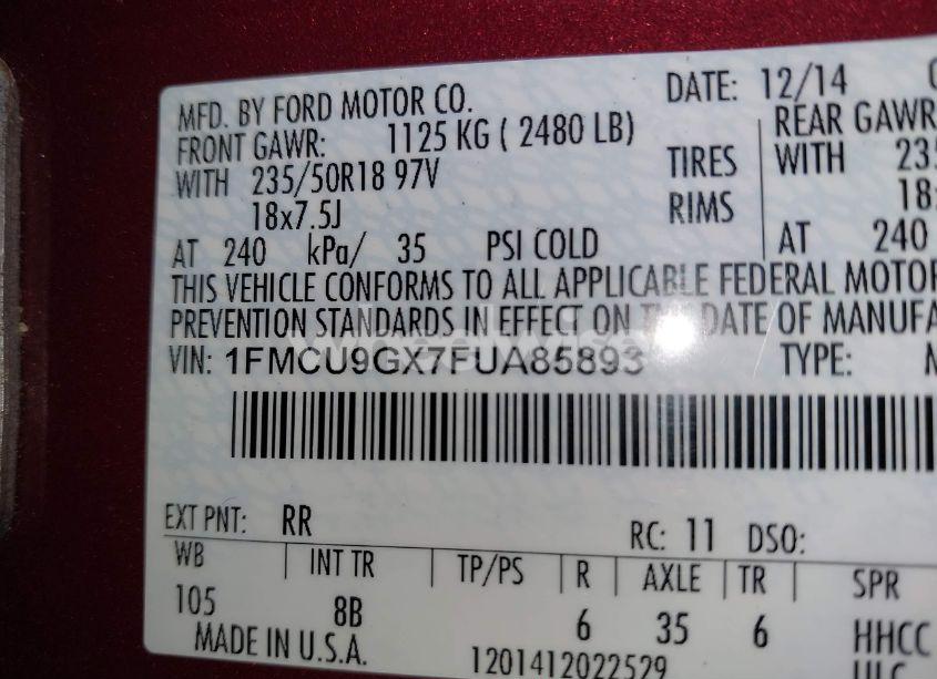 Photo 9 of 2015 Ford Escape SE (VIN 1FMCU9GX7FUA85893)