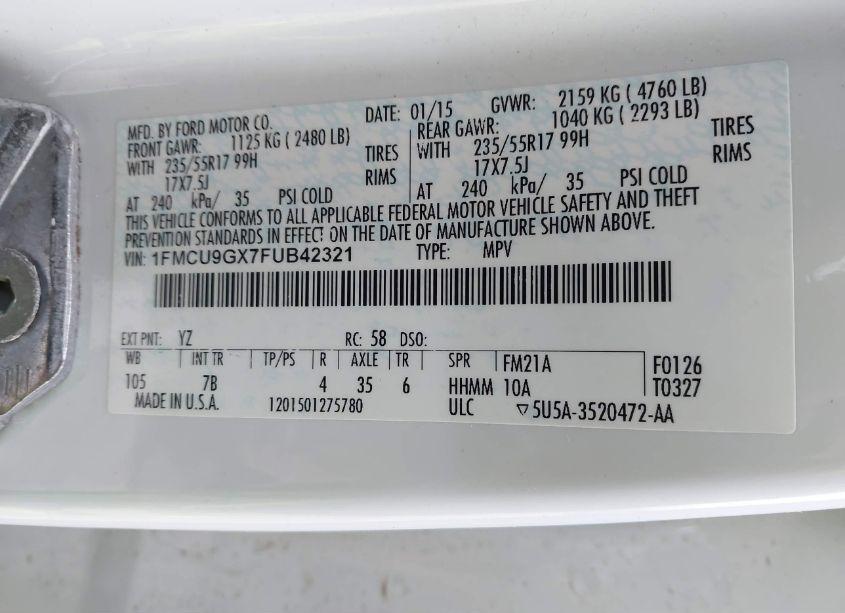 Photo 9 of 2015 Ford Escape SE (VIN 1FMCU9GX7FUB42321)