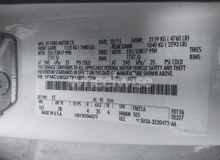 Photo 9 of 2015 Ford Escape SE (VIN 1FMCU9GX7FUB50189)