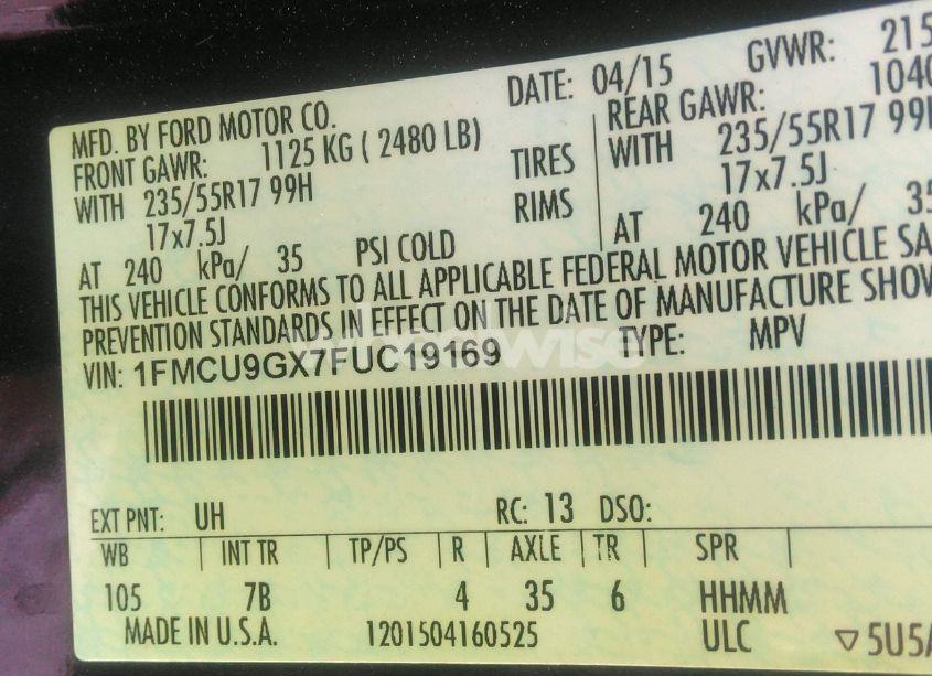 Photo 9 of 2015 Ford Escape SE (VIN 1FMCU9GX7FUC19169)