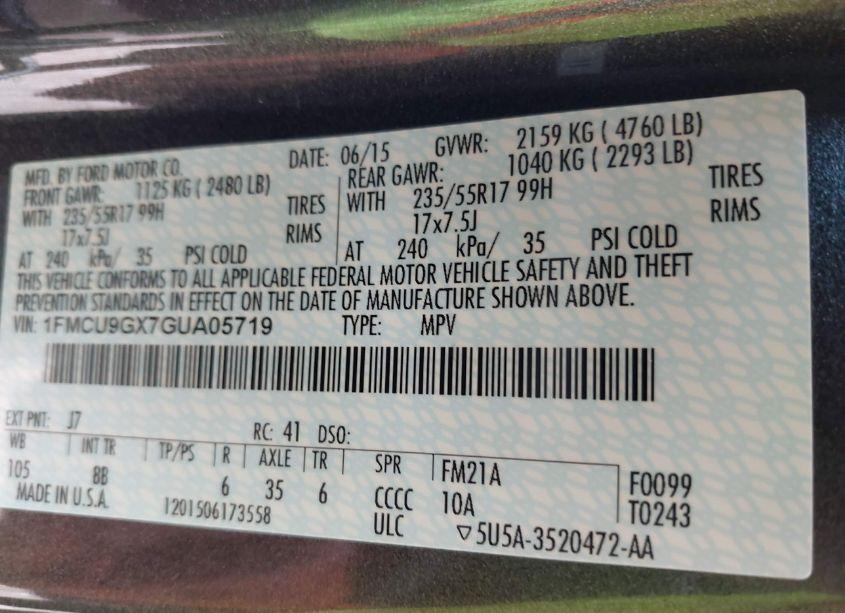 Photo 9 of 2016 Ford Escape SE (VIN 1FMCU9GX7GUA05719)