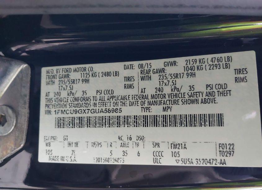 Photo 9 of 2016 Ford Escape SE (VIN 1FMCU9GX7GUA58985)