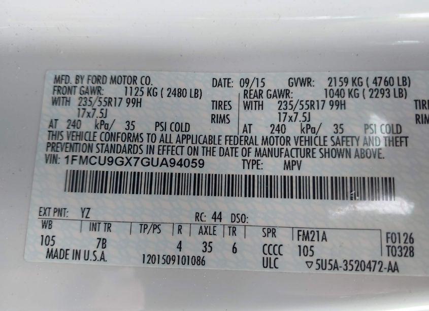 Photo 9 of 2016 Ford Escape SE (VIN 1FMCU9GX7GUA94059)