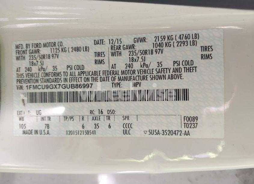 Photo 9 of 2016 Ford Escape SE (VIN 1FMCU9GX7GUB86997)