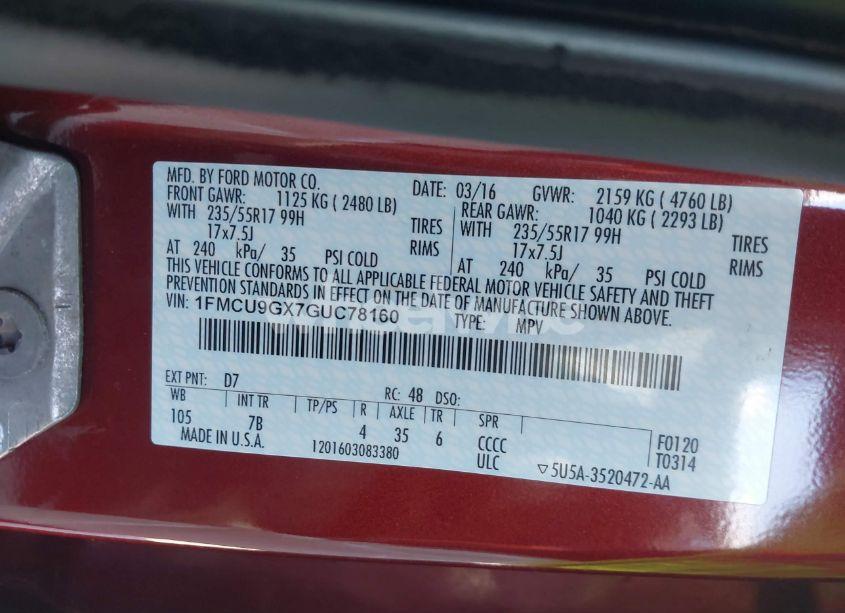 Photo 9 of 2016 Ford Escape SE (VIN 1FMCU9GX7GUC78160)