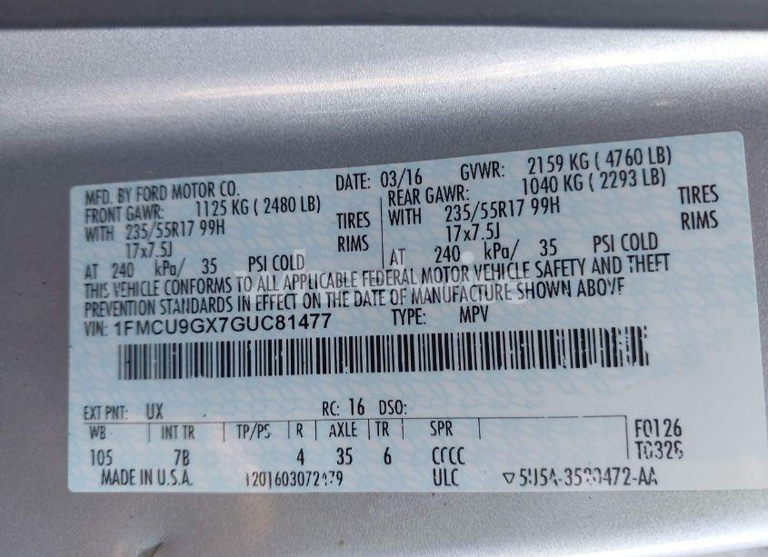 Photo 9 of 2016 Ford Escape SE (VIN 1FMCU9GX7GUC81477)