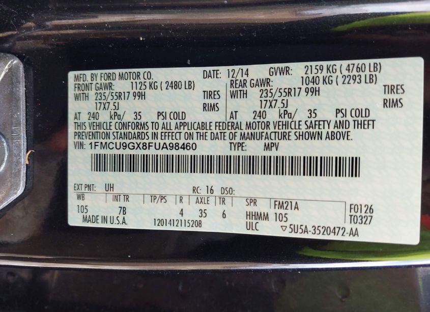 Photo 9 of 2015 Ford Escape SE (VIN 1FMCU9GX8FUA98460)