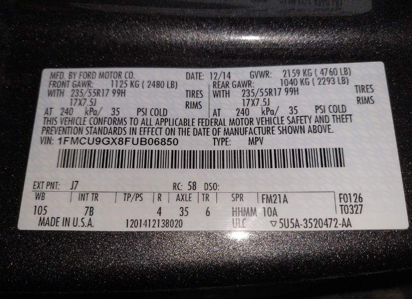 Photo 9 of 2015 Ford Escape SE (VIN 1FMCU9GX8FUB06850)