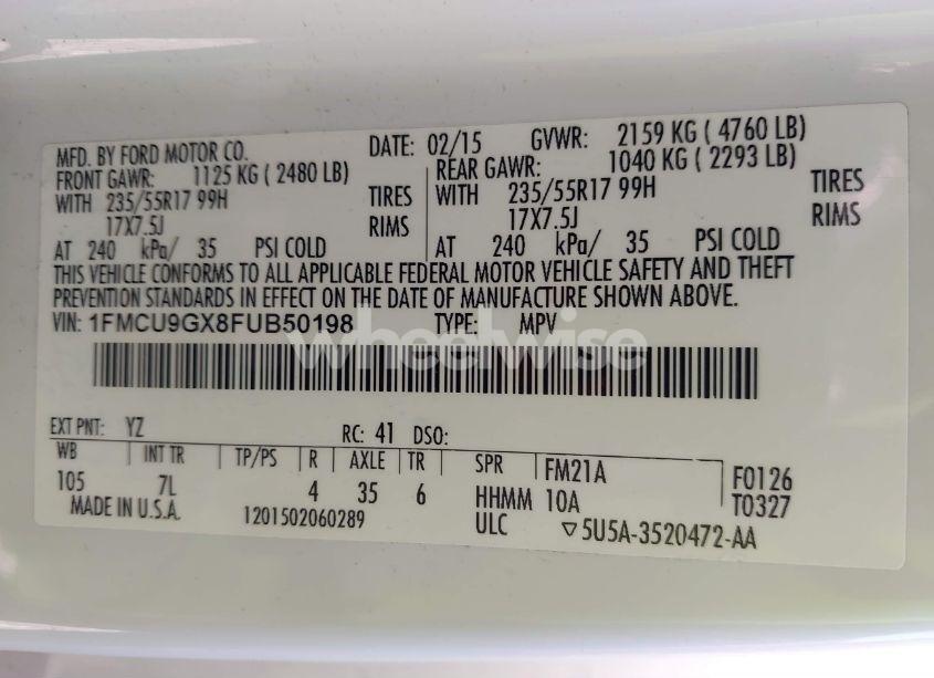 Photo 9 of 2015 Ford Escape SE (VIN 1FMCU9GX8FUB50198)